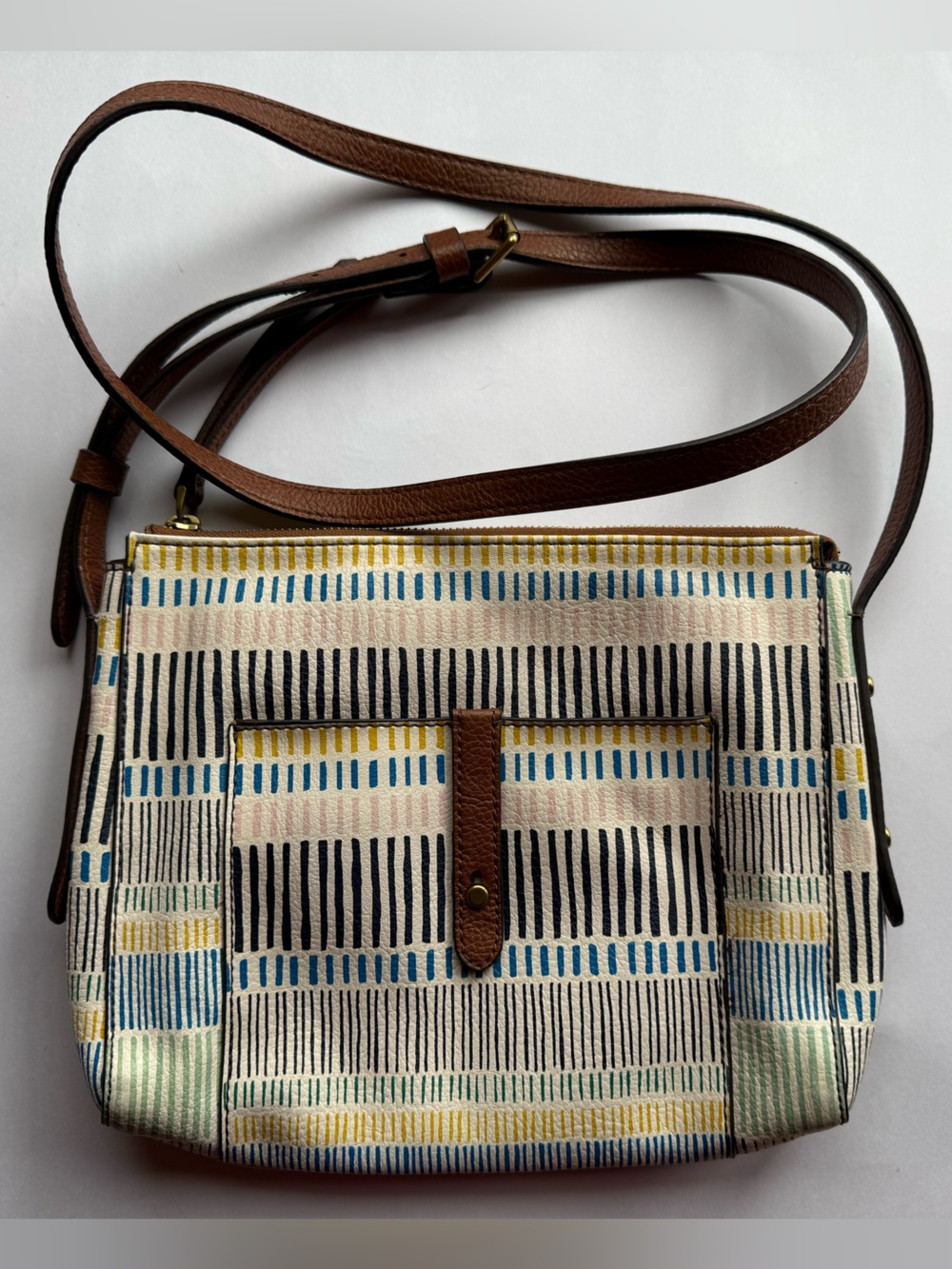 Fossil Crossbody Bag Beige Geometric Print Leather Trim Excellent Condition